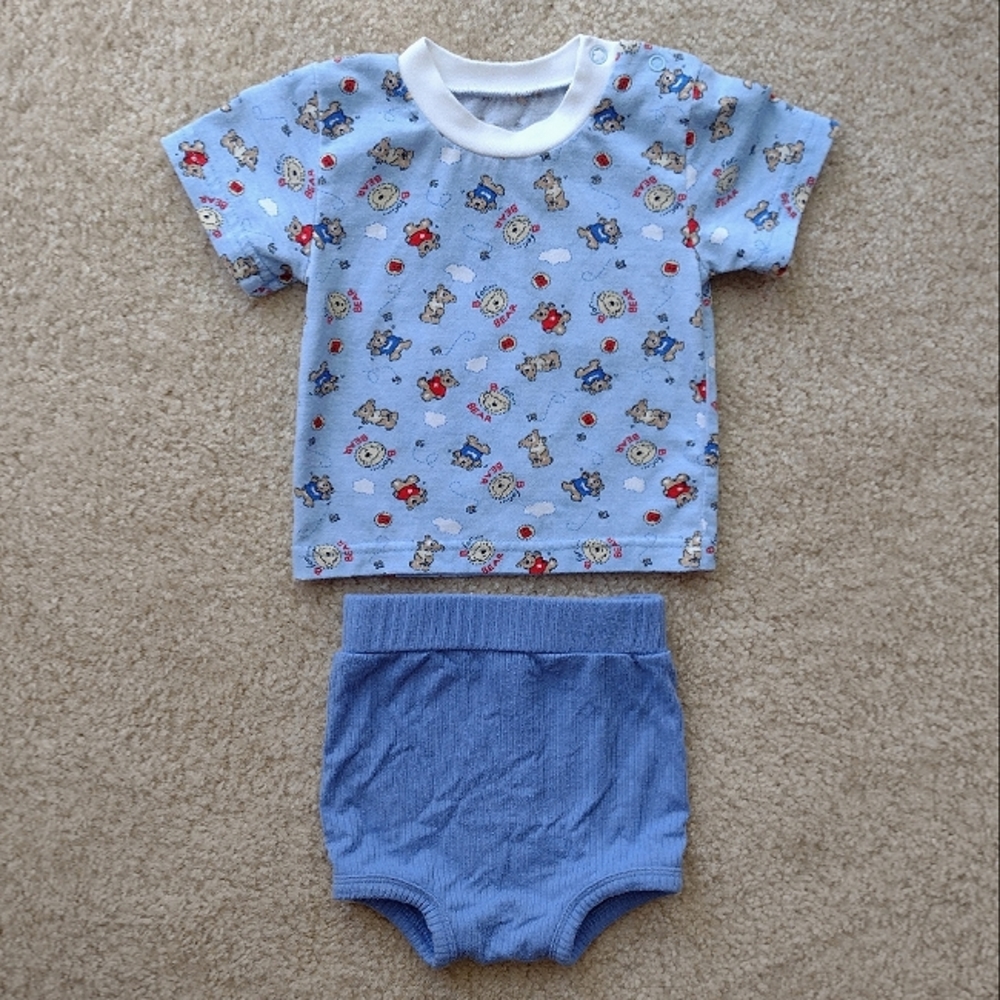 Kate Quinn Blue Bamboo Bloomers + Blue Cotton Bear Print T-Shirt 3-6 Months